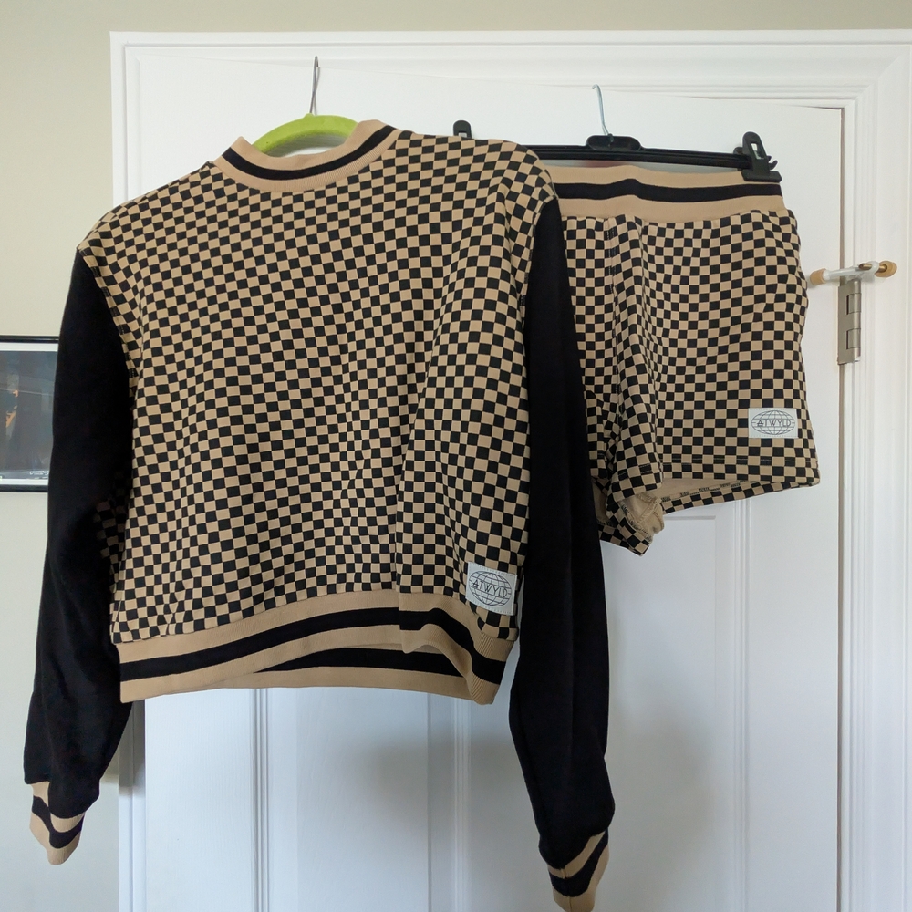 Atwyld Women's Checkerboard Knit Crewneck And Short Set Beige and Black